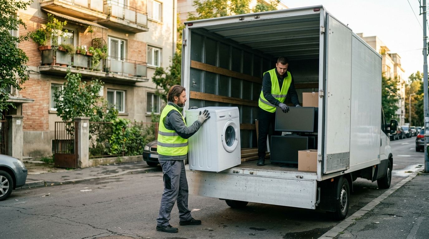Doi operatori în veste reflectorizante încarcă o mașină de spălat și monitoare într-o dubă de colectare, pe o stradă din București