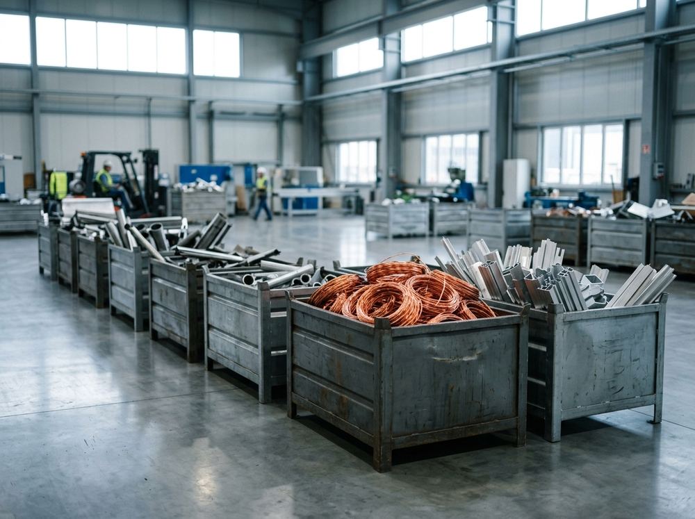 Containere cu cupru, aluminiu și oțel sortate într-o hală de reciclare