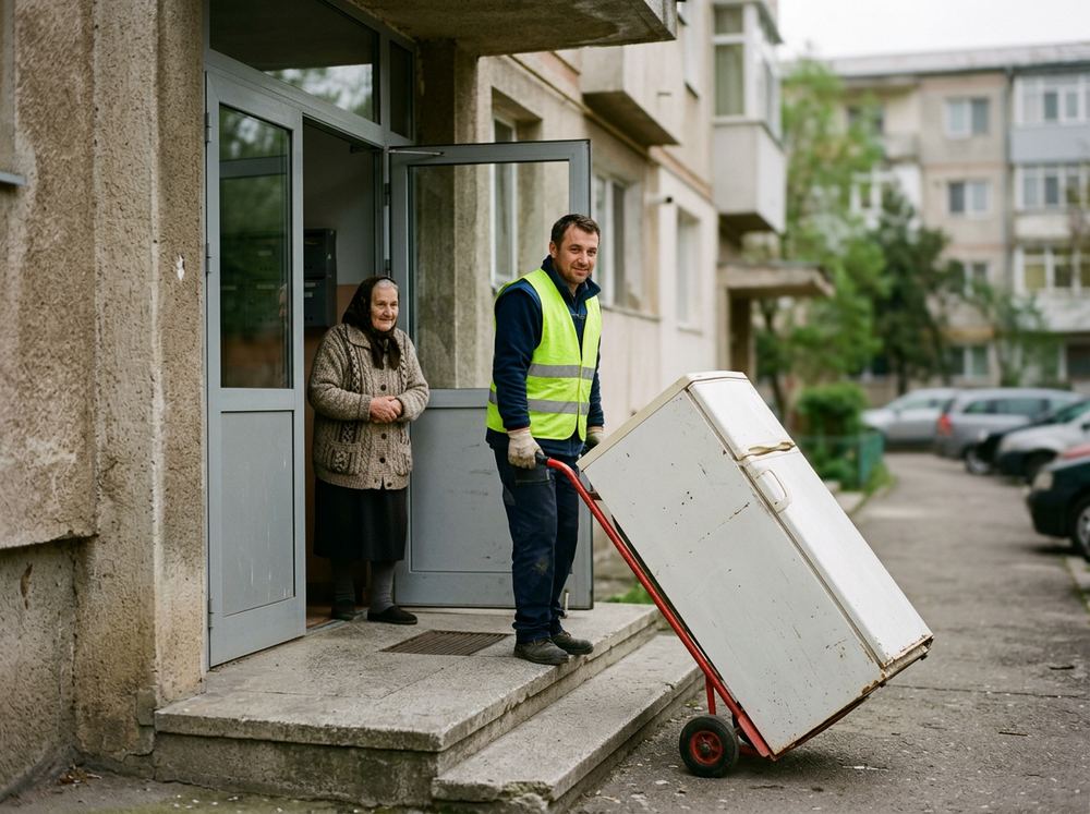 Operator care coboară un frigider vechi pe un cărucior, la intrarea unui bloc